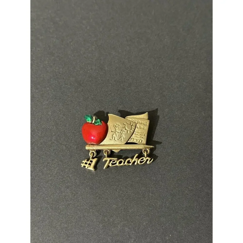 Gold Tone #1 Teacher Apple‎ Dangle Brooch Pin Great Gift Professor Vintage 